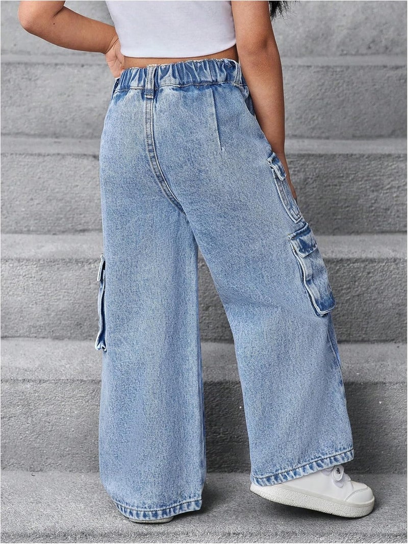 WDIRARA Toddler Girl's Wide Leg Cargo Jeans High Waisted Baggy Denim Pants - Image 3